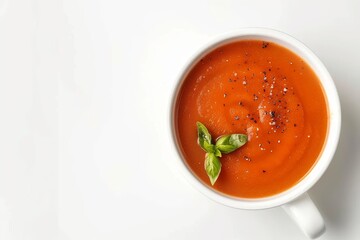 White bowl with tomato soup isolated on white background top view Spanish gazpacho