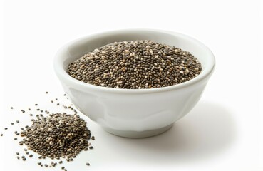 White chia seeds in a white bowl on white backdrop