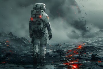 Futuristic Astronaut Exploring a Volcanic Alien Terrain