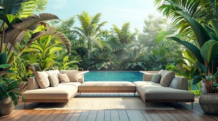 Fototapeta premium Outdoor Sofa Resort Relaxation: An illustration of an outdoor sofa at a resort