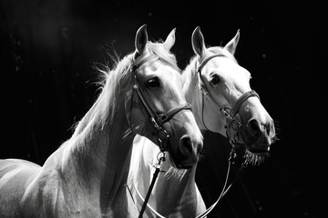 White horses in circus on dark background