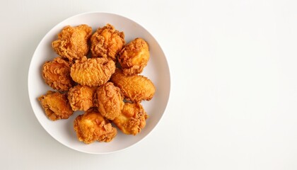 White plate of crispy fried chicken seen from above isolated on white background