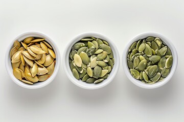 White porcelain bowls holding different types of Pepita pumpkin seeds and flat green summer squash seeds Close up isolated photo on white background - Powered by Adobe