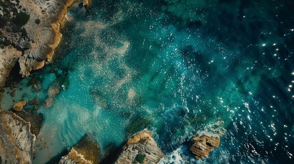Aerial photograph showcases the stunning beauty of a rugged coastline where the turquoise sea meets...