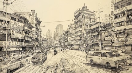 A panoramic ink drawing captures the busy streets of an Asian metropolis, highlighting the diverse modes of transport, ink drawing concept