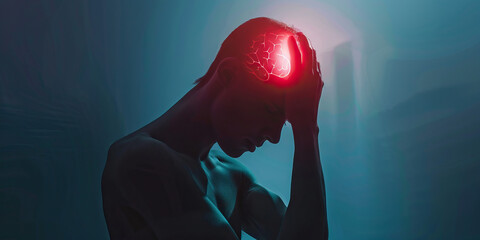 Brain Tumor: The Headache and Cognitive Changes - Visualize a person holding their head with a worried expression, with a shadowy mass in the brain area, indicating the headache and cognitive  - obrazy, fototapety, plakaty