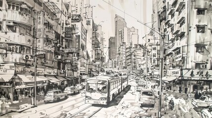 A panoramic ink drawing captures the busy streets of an Asian metropolis, highlighting the diverse modes of transport, ink drawing concept