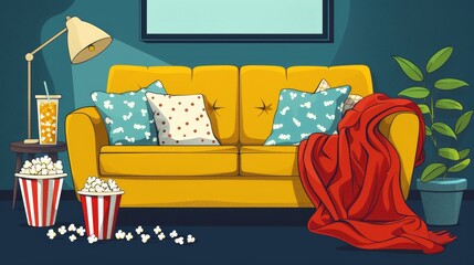 Reclining Sofa Movie Marathon: An illustration of a movie marathon setup with a reclining sofa