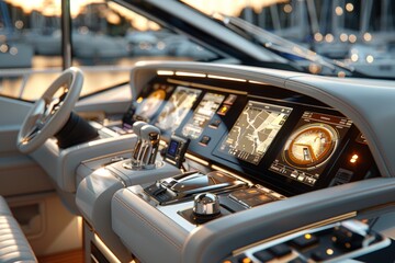 Impeccably designed dashboard of a yacht featuring state-of-the-art technology and luxurious details