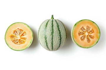 Whole cantaloupe on white background top view