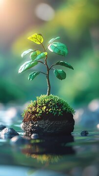 A small plant growing on a rock in the middle of a river