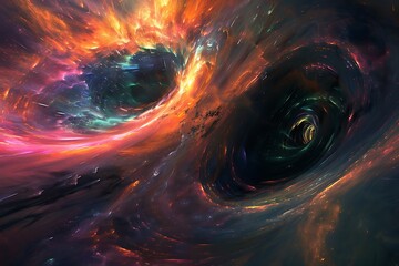 A cosmic vortex unfolds on an abstract plane, swirling with vibrant energy and radiating an ethereal glow.