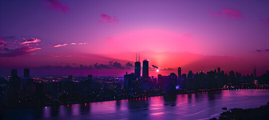 Fototapeta premium Capture an abstract, geometrically styled cityscape at dusk using sharp silhouettes and a color scheme of purples and grays to evoke the end of the day, looking like it was shot with an HD camera