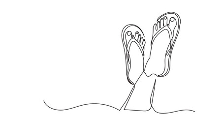 Continuous line drawing of girl's leg in flip flop.single-line girl footwear slipper.Summer vacation concept vector illustration isolate of white background.
