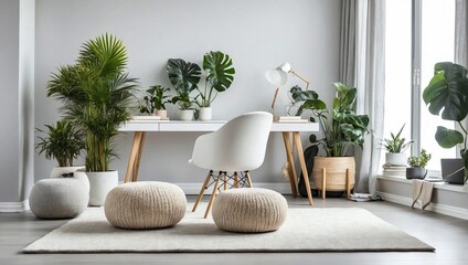 Plants in white spacious home office interior with pouf on carpet near grey chair at desk