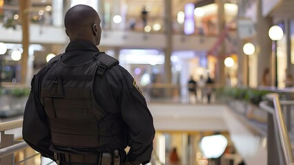 Security Guard in Black Stands Vigilant at Shopping Mall. Concept Security Guard, Black Uniform, Vigilant, Shopping Mall, Authority Figure - obrazy, fototapety, plakaty