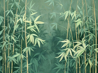 A painting of a bamboo forest with bamboo shoots and leaves in a green color tone against a solid background 