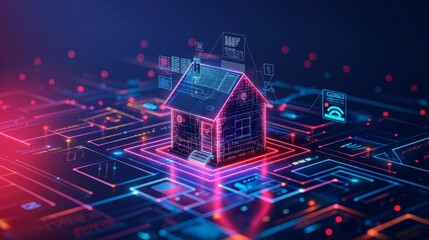 a house made of glowing dots is sitting on top of a computer motherboard