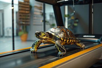 Obraz premium fitness and training concept, turtle running on treadmill in the gym