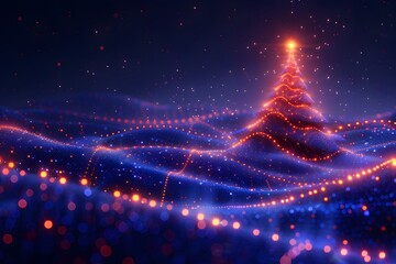 Mesmerizing Blue Digital Christmas Tree Illuminated by Luminous Particles - obrazy, fototapety, plakaty