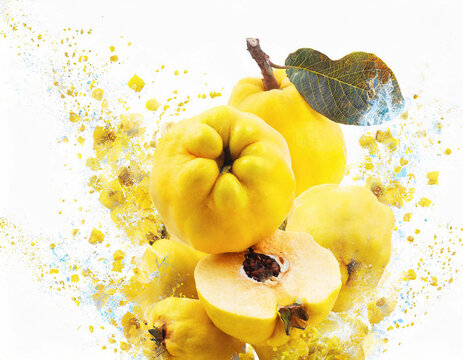 Explosion de coings sur fond blanc