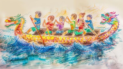 Children across Asia compete in a dragon boat race, their efforts illustrated in colorful pencil strokes, color drawn pencil concept