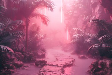 Mysterious Pink Mist Over Water Stream Through Dense Jungle - obrazy, fototapety, plakaty