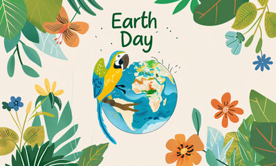 Earth day poster with a parrot, planet and flowers vector illustration, flat design for a web banner, card or t shirt print template. Flat cartoon vector illustration of an earth day poster with a glo