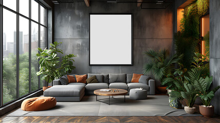 modern style livingroom apartement space evening with blue soft walls,green plants,flower,grey cozy sofa with Interior Mockup with one white photo frame in the background