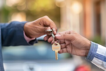Detailed view of agent presenting key to excited buyer in front of house