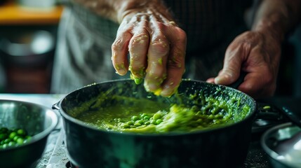 Hands cooking and stirring bright green pea risotto in a pan, dynamic kitchen action shot.