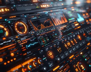 Futuristic spaceship control panel. Elements of this image include a variety of gauges, buttons, and lights.