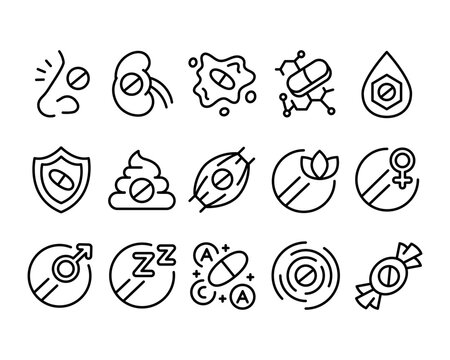 Drug categories line black icons set. Vector isolated buttons.