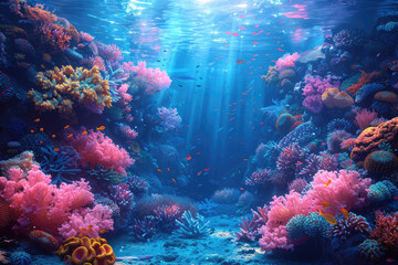  An underwater scene of coral reefs, showcasing the vibrant colors and marine life in an oceanic setting. Created with Ai