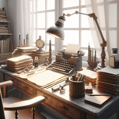 Wooden Desk with Books and Papers in a Room with Window