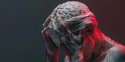 Traumatic Brain Injury: The Cognitive Impairment and Headache - Visualize a person with a bandaged head, holding their head in pain, with a cracked skull symbolizing injury - obrazy, fototapety, plakaty