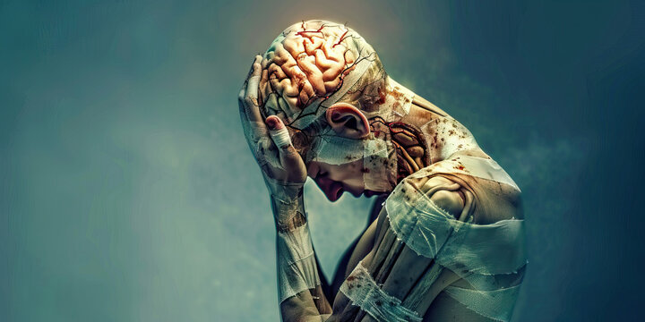 Traumatic Brain Injury: The Cognitive Impairment and Headache - Visualize a person with a bandaged head, holding their head in pain, with a cracked skull symbolizing injury
