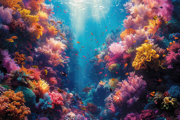 Fototapeta na wymiar A vibrant coral reef teeming with colorful fish. Created with AI