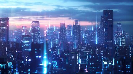 A digital painting of a cyberpunk city at night. The city is full of tall buildings, neon lights, and flying cars. The sky is dark and cloudy.