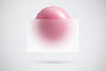 Glass morphism effect. Bank card or banner made of transparent frosted glass with a pink sphere.