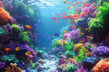 A vibrant coral reef teeming with colorful fish and lush greenery, creating an underwater paradise. The water is clear blue with sunlight filtering through the waves. Created with Ai