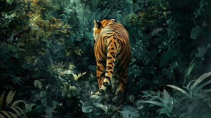 Capture the untamed beauty of the jungle with a dynamic watercolor illustration of a majestic tiger seen from behind as it navigates its way through the dense foliage