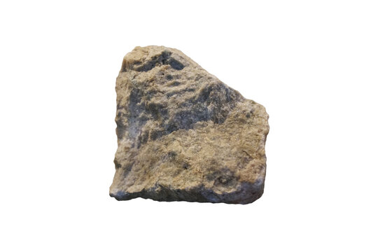 Raw skarn metamorphic rock specimen isolated on white background.
