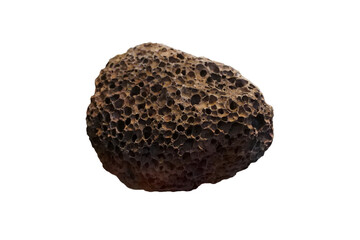 Raw scoria volcanic rock specimen isolated on white background.