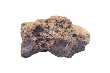 Raw pumice volcanic rock specimen isolated on white background.