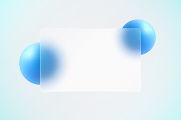 Glass morphism landing page with frame. Vector illustration with blur and sphere in blue color.
