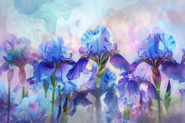 Irises stand tall and proud, their petals a spectrum of blues and purples, painting dignity in the garden, kawaii water color