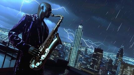 A man playing the saxophone on a rooftop with a stormy city in the background.