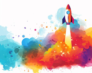 A rocket ship blasting off into space with a colorful watercolor background.