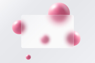 Glass morphism landing page with frame. Vector illustration with blur and sphere in pink color.